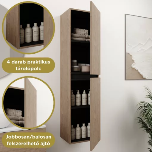 HD Zyra Pro Oak 80 komplett fürdőszoba bútor szett fali push-to-open mosdószekrénnyel, tölgyfa színű mosdópulttal, tükörrel és magasszekrénnyel