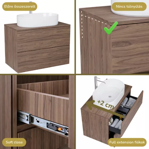 HD Zyra Pro Oak 80 komplett fürdőszoba bútor szett fali push-to-open mosdószekrénnyel, tölgyfa színű mosdópulttal, tükörrel és magasszekrénnyel