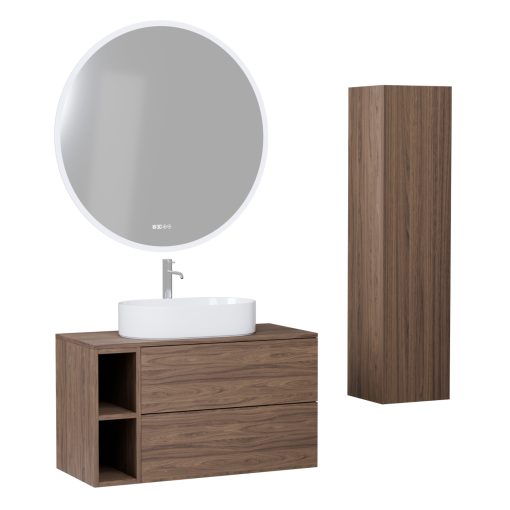 HD Zyra Pro+ Oak 100 komplett fürdőszoba bútor szett fali push-to-open mosdószekrénnyel, oak mosdópulttal, kiegészítő oak fali modullal, tükörrel és magasszekrénnyel