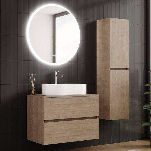 HD Zyra Oak 80 komplett fürdőszoba bútor szett fali mosdószekrénnyel, tölgyfa színű mosdópulttal, tükörrel és magasszekrénnyel