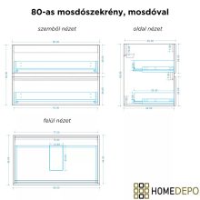 HD Ravello Pro Oak 80 fali mosdószekrény, push-to-open mechanizmussal, fényes fehér slim mosdóval