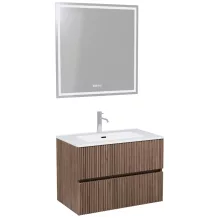 HD Torino Oak 80 komplett fürdőszoba bútor fali mosdószekrénnyel, fényes fehér slim mosdóval és tükörrel