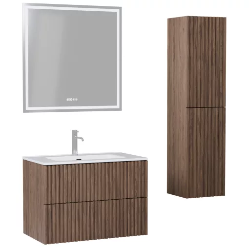 HD Ravello Pro Oak 80 komplett fürdőszoba bútor szett fali push-to-open mosdószekrénnyel, fényes fehér slim mosdóval, tükörrel és magasszekrénnyel