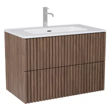 HD Ravello Pro Oak 80 komplett fürdőszoba bútor szett fali push-to-open mosdószekrénnyel, fényes fehér slim mosdóval, tükörrel és magasszekrénnyel