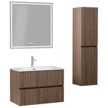 HD Torino Oak 80 komplett fürdőszoba bútor szett fali mosdószekrénnyel, fényes fehér slim mosdóval, tükörrel és magasszekrénnyel