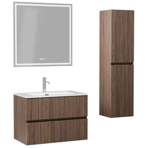 HD Torino Oak 80 komplett fürdőszoba bútor szett fali mosdószekrénnyel, fényes fehér slim mosdóval, tükörrel és magasszekrénnyel
