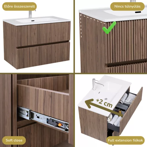 HD Torino Oak 80 komplett fürdőszoba bútor szett fali mosdószekrénnyel, fényes fehér slim mosdóval, tükörrel és magasszekrénnyel
