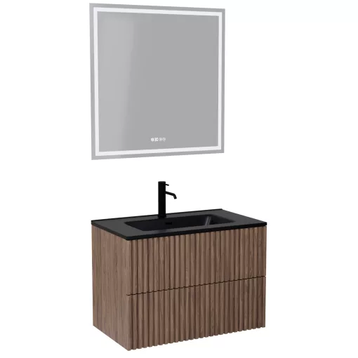 HD Ravello Pro Oak 80 komplett fürdőszoba bútor fali push-to-open mosdószekrénnyel, matt fekete slim mosdóval és tükörrel