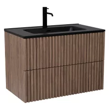 HD Ravello Pro Oak 80 komplett fürdőszoba bútor fali push-to-open mosdószekrénnyel, matt fekete slim mosdóval és tükörrel