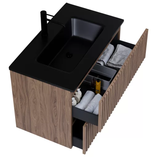 HD Ravello Pro Oak 80 komplett fürdőszoba bútor fali push-to-open mosdószekrénnyel, matt fekete slim mosdóval és tükörrel
