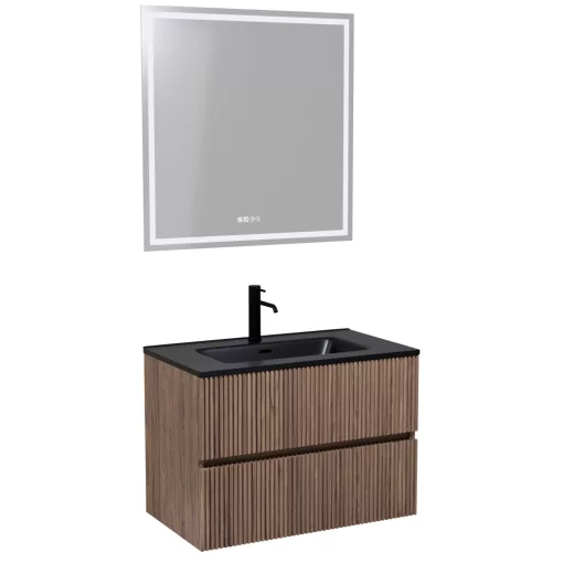 HD Torino Oak 80 komplett fürdőszoba bútor fali mosdószekrénnyel, matt fekete slim mosdóval és tükörrel