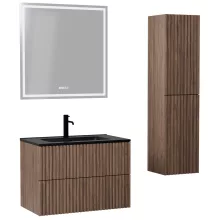 HD Ravello Pro Oak 80 komplett fürdőszoba bútor szett fali push-to-open mosdószekrénnyel, matt fekete slim mosdóval, tükörrel és magasszekrénnyel