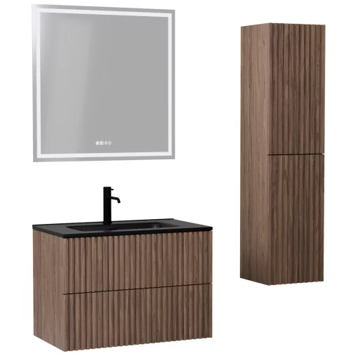 HD Ravello Pro Oak 80 komplett fürdőszoba bútor szett fali push-to-open mosdószekrénnyel, matt fekete slim mosdóval, tükörrel és magasszekrénnyel