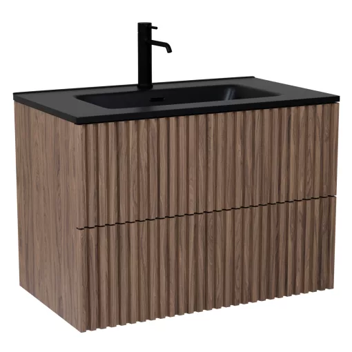 HD Ravello Pro Oak 80 komplett fürdőszoba bútor szett fali push-to-open mosdószekrénnyel, matt fekete slim mosdóval, tükörrel és magasszekrénnyel