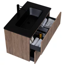 HD Ravello Pro Oak 80 komplett fürdőszoba bútor szett fali push-to-open mosdószekrénnyel, matt fekete slim mosdóval, tükörrel és magasszekrénnyel