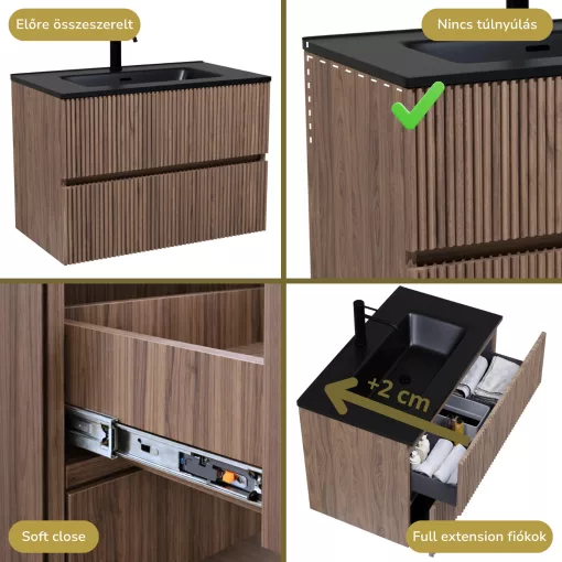 HD Torino Oak 80 komplett fürdőszoba bútor szett fali mosdószekrénnyel, matt fekete slim mosdóval, tükörrel és magasszekrénnyel