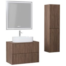 HD Rapallo Pro Oak 80 komplett fürdőszoba bútor szett fali push-to-open mosdószekrénnyel, tölgyfa színű mosdópulttal, tükörrel és magasszekrénnyel