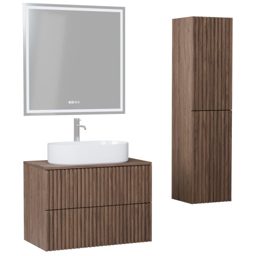 HD Rapallo Pro Oak 80 komplett fürdőszoba bútor szett fali push-to-open mosdószekrénnyel, tölgyfa színű mosdópulttal, tükörrel és magasszekrénnyel