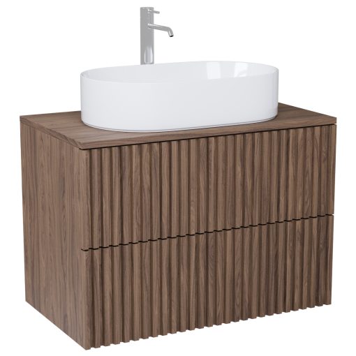 HD Rapallo Pro Oak 80 komplett fürdőszoba bútor szett fali push-to-open mosdószekrénnyel, tölgyfa színű mosdópulttal, tükörrel és magasszekrénnyel