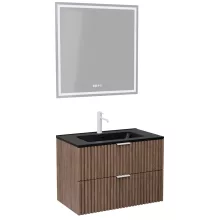 HD Ravello Oak 80 komplett fürdőszoba bútor fali mosdószekrénnyel, matt fehér fogantyúkkal, matt fekete slim mosdóval és tükörrel