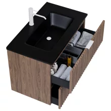 HD Ravello Oak 80 komplett fürdőszoba bútor fali mosdószekrénnyel, matt fehér fogantyúkkal, matt fekete slim mosdóval és tükörrel