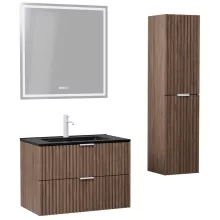 HD Ravello Oak 80 komplett fürdőszoba bútor szett fali mosdószekrénnyel, matt fehér fogantyúkkal, matt fekete slim mosdóval, tükörrel és magasszekrénnyel
