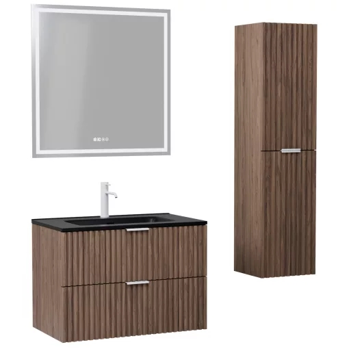 HD Ravello Oak 80 komplett fürdőszoba bútor szett fali mosdószekrénnyel, matt fehér fogantyúkkal, matt fekete slim mosdóval, tükörrel és magasszekrénnyel