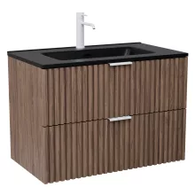 HD Ravello Oak 80 komplett fürdőszoba bútor szett fali mosdószekrénnyel, matt fehér fogantyúkkal, matt fekete slim mosdóval, tükörrel és magasszekrénnyel