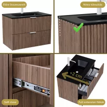 HD Ravello Oak 80 komplett fürdőszoba bútor szett fali mosdószekrénnyel, matt fehér fogantyúkkal, matt fekete slim mosdóval, tükörrel és magasszekrénnyel