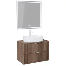 HD Rapallo Oak 80 komplett fürdőszoba bútor fali mosdószekrénnyel, matt fehér fogantyúkkal, oak mosdópulttal és tükörrel