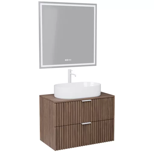 HD Rapallo Oak 80 komplett fürdőszoba bútor fali mosdószekrénnyel, matt fehér fogantyúkkal, oak mosdópulttal és tükörrel