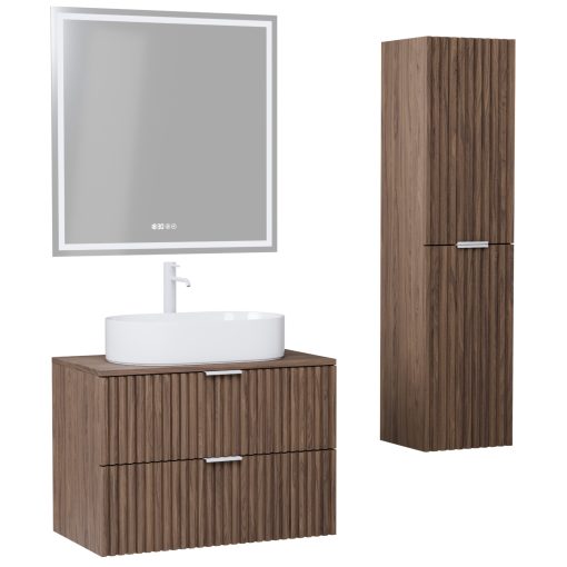 HD Rapallo Oak 80 komplett fürdőszoba bútor szett fali mosdószekrénnyel, matt fehér fogantyúval, oak mosdópulttal, tükörrel és magasszekrénnyel