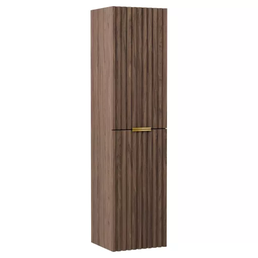 HD Ravello Oak 80 komplett fürdőszoba bútor szett fali mosdószekrénnyel, szálcsiszolt arany fogantyúkkal, fényes fehér slim mosdóval, tükörrel és magasszekrénnyel