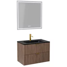 HD Ravello Oak 80 komplett fürdőszoba bútor fali mosdószekrénnyel, szálcsiszolt arany fogantyúkkal, matt fekete slim mosdóval és tükörrel