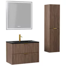 HD Ravello Oak 80 komplett fürdőszoba bútor szett fali mosdószekrénnyel, szálcsiszolt arany fogantyúkkal, matt fekete slim mosdóval, tükörrel és magasszekrénnyel