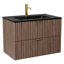 HD Ravello Oak 80 komplett fürdőszoba bútor szett fali mosdószekrénnyel, szálcsiszolt arany fogantyúkkal, matt fekete slim mosdóval, tükörrel és magasszekrénnyel