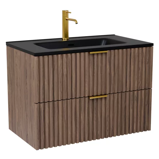 HD Ravello Oak 80 komplett fürdőszoba bútor szett fali mosdószekrénnyel, szálcsiszolt arany fogantyúkkal, matt fekete slim mosdóval, tükörrel és magasszekrénnyel