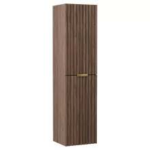 HD Ravello Oak 80 komplett fürdőszoba bútor szett fali mosdószekrénnyel, szálcsiszolt arany fogantyúkkal, matt fekete slim mosdóval, tükörrel és magasszekrénnyel