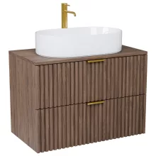 HD Rapallo Oak 80 fali mosdószekrény oak mosdópulttal és szálcsiszolt arany fogantyúkkal