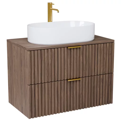 HD Rapallo Oak 80 komplett fürdőszoba bútor fali mosdószekrénnyel, szálcsiszolt arany fogantyúkkal, oak mosdópulttal és tükörrel