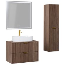 HD Rapallo Oak 80 komplett fürdőszoba bútor szett fali mosdószekrénnyel, szálcsiszolt arany fogantyúval, oak mosdópulttal, tükörrel és magasszekrénnyel