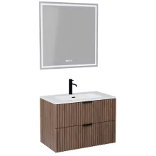 HD Ravello Oak 80 komplett fürdőszoba bútor fali mosdószekrénnyel, matt fekete fogantyúkkal, fényes fehér slim mosdóval és tükörrel