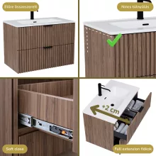 HD Ravello Oak 80 komplett fürdőszoba bútor szett fali mosdószekrénnyel, matt fekete fogantyúkkal, fényes fehér slim mosdóval, tükörrel és magasszekrénnyel