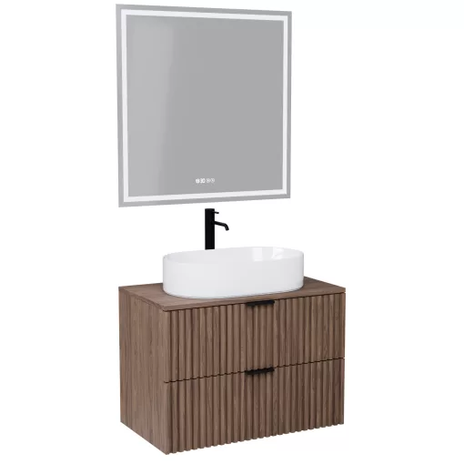 HD Rapallo Oak 80 komplett fürdőszoba bútor fali mosdószekrénnyel, matt fekete fogantyúkkal, oak mosdópulttal és tükörrel