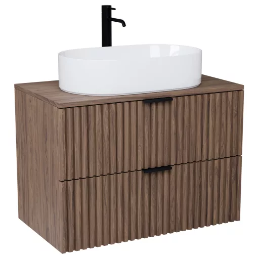 HD Rapallo Oak 80 komplett fürdőszoba bútor fali mosdószekrénnyel, matt fekete fogantyúkkal, oak mosdópulttal és tükörrel