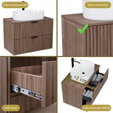 HD Rapallo Oak 80 komplett fürdőszoba bútor fali mosdószekrénnyel, matt fekete fogantyúkkal, oak mosdópulttal és tükörrel