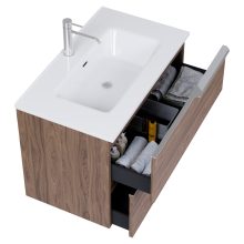 HD Cremona Oak 80 komplett fürdőszoba bútor szett fali mosdószekrénnyel, fényes króm fogantyúkkal, fényes fehér slim mosdóval, tükörrel és magasszekrénnyel