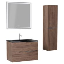 HD Cremona Oak 80 komplett fürdőszoba bútor szett fali mosdószekrénnyel, fényes króm fogantyúkkal, matt fekete slim mosdóval, tükörrel és magasszekrénnyel