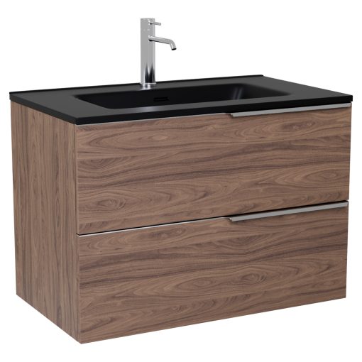 HD Cremona Oak 80 komplett fürdőszoba bútor szett fali mosdószekrénnyel, fényes króm fogantyúkkal, matt fekete slim mosdóval, tükörrel és magasszekrénnyel