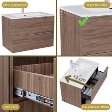 HD Cremona Oak 80 komplett fürdőszoba bútor szett fali mosdószekrénnyel, szálcsiszolt króm fogantyúkkal, fényes fehér slim mosdóval, tükörrel és magasszekrénnyel